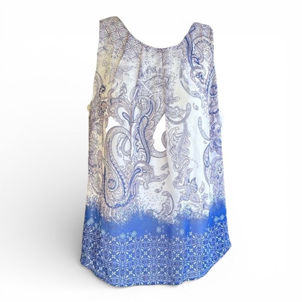 Daniel Rainn Blue White Paisley Pleated Sleeveless Blouse Top Small 19124PG1